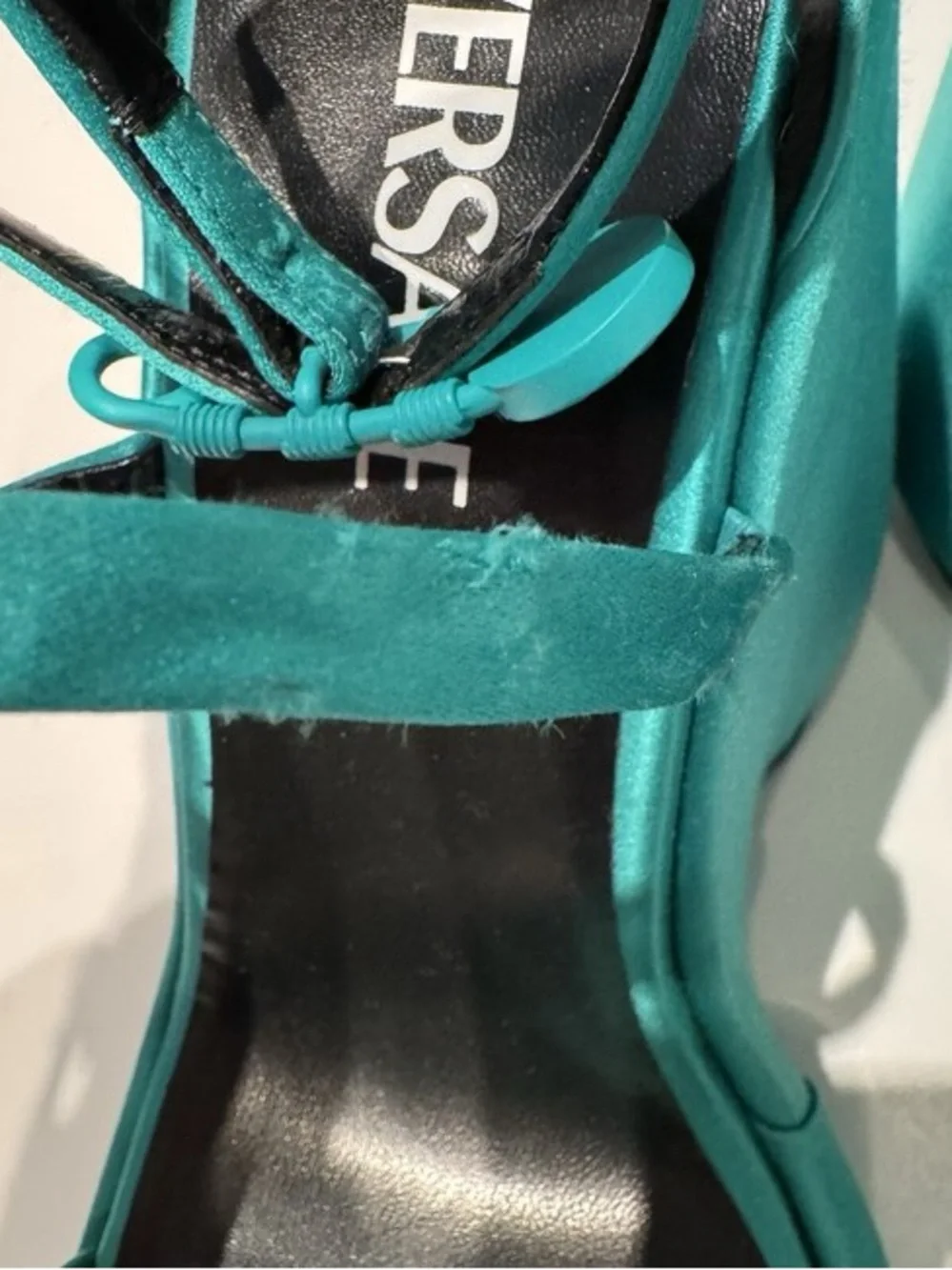 Versace Triplatform Sandal Medusa Safety Pin Buckle Emerald Satin & Leather